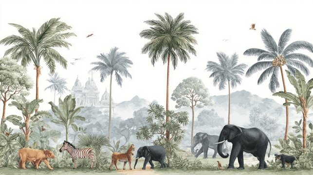 Watercolor jungle scene featuring elephants zebra and trees