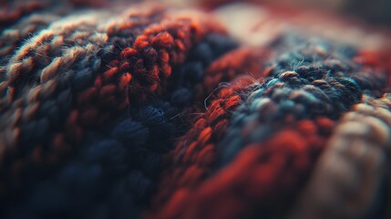 Macro detail of knitted wool fabric in warm tones, colorful fiber texture pattern