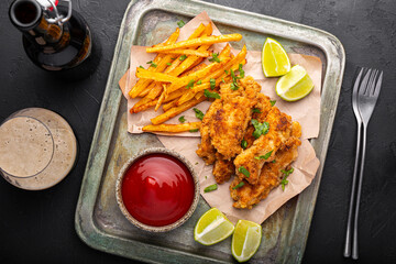 Homemade Crispy Chicken Strips with lime, ketchup, beer and French Fries on the tray on a black background. Top view