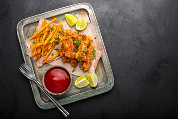 Homemade Crispy Chicken Strips with lime and ketchup and French Fries on the tray on a black background. Top view copy space for text