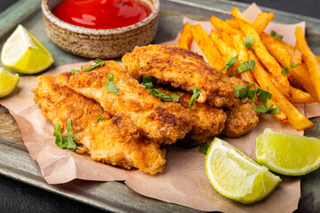 Homemade Crispy Chicken Strips with lime and ketchup and French Fries on the tray close up