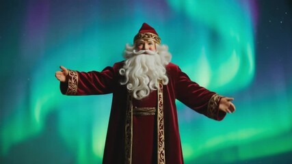 Santa claus figure with aurora borealis background wearing a red velvet robe and gold trim hat christmas santa video - Powered by Adobe