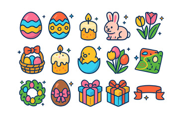 Obraz premium Easter Icon Extravaganza. Easter holiday. Colorful isometric vector icons set of Easter holiday: painted eggs, Easter bunny, wicker basket, Easter cake,