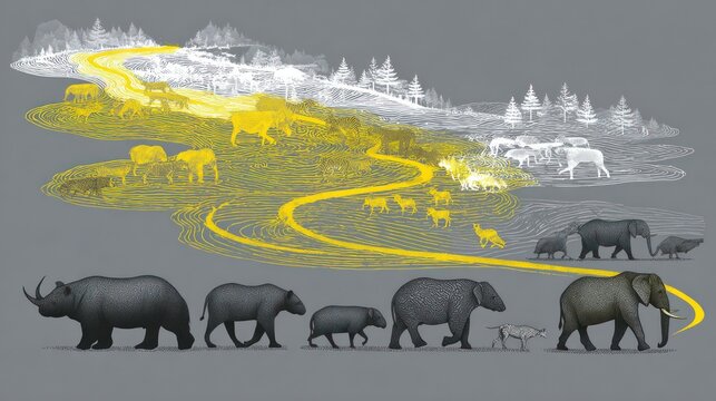 Illustration of mammalian evolution with elephants and other animals