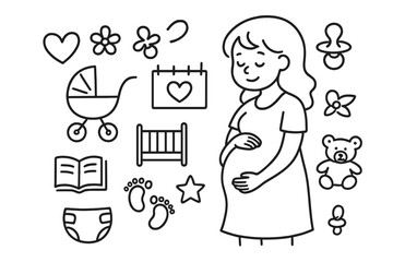 Expecting Mother Icons. Expecting mom. Hand-drawn doodle illustration expecting mom baby bump, heart, flower, stroller, crib, pacifier, bottle, teddy bear,