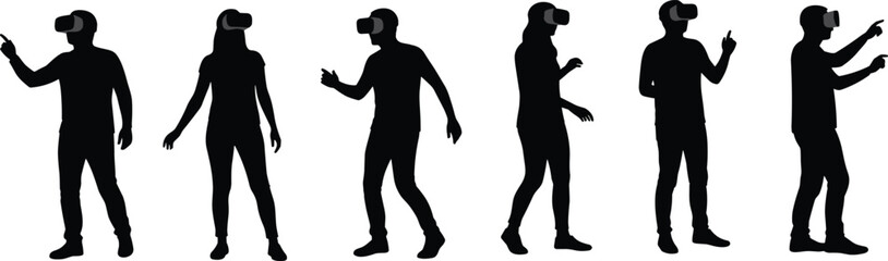 Silhouettes of six people wearing VR headsets in interactive poses, black vector design showing virtual reality, immersion, technology, and engagement