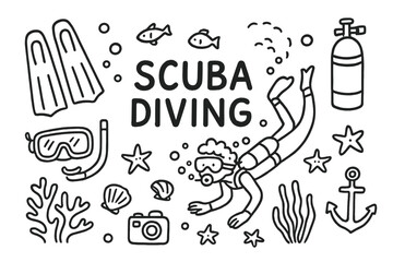 Scuba Diving Adventure. Scuba Diving. Hand-drawn doodle illustration scuba diving diver, fins, mask, snorkel, scuba tank, coral reef, fish, starfish, bubbles,