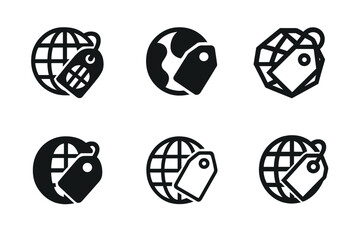 Global Pricing Logos. Business pricing strategies. Set Logo of Business pricing strategies: globe wrapped by a price tag (global pricing). harmonious logo