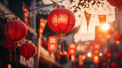 
Red lanterns and Chinese flags hanging in the street, festive holiday decoration.