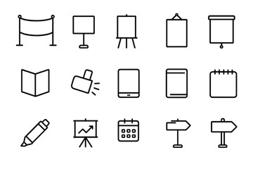 Event Display Icons. Event display. Line icon set of event display: banner, display board, easel, poster, brochure, spotlight, tablet, notebook, marker, chart,
