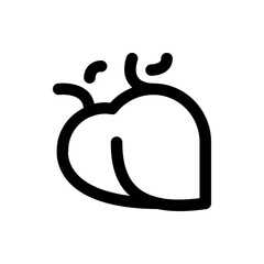 Illustration of a stylized peach with two leaves and a stem in a simple black outline design style