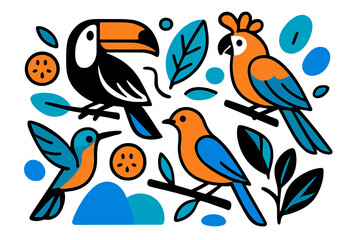 Fototapeta premium Vibrant Tropical Birds. Tropical Birds. Bright exotic birds sitting on stylized branches, abstract fruits and leaves floating around them. Joyful and vibrant.
