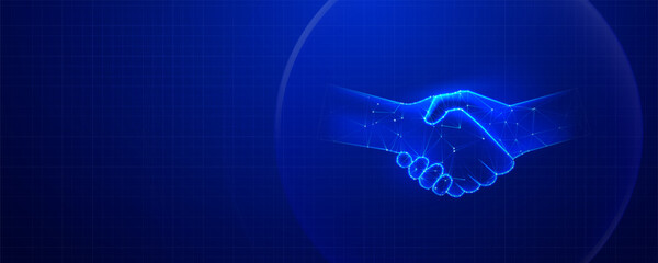 Digital handshake on a blue background, representing agreement and partnership