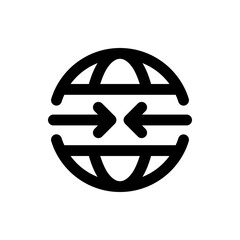 Black and white graphic of a globe with horizontal lines and arrows pointing towards the center space