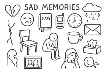 Heartbreak Doodle Icons. Sad Memories. Hand-drawn doodle illustration Sad Memories broken heart, tear, sad face, diary, phone, envelope, clock, cloud, rain,