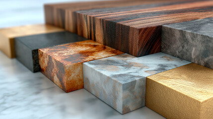 Various material texture samples including wood, metal, stone, marble and gold arranged in geometric blocks on a light surface
