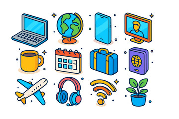 Global Remote Work Icons. Remote Work Around the World. Colorful isometric vector icons set of remote work around the world: laptop, globe, smartphone, video