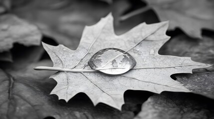 Monochrome shot of water drop on leaf macro nature photography