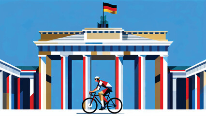 Illustration Of The Brandenburg Gate With The German Flag With People Cycling Against A Clear Blue Sky Vector Design Template