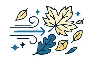 Fototapeta premium Autumn Leaves Dance. Fall wind. Glowing autumn leaves swirling through the air in flowing motion. Floating abstract wind and sparkle icons emphasizing breeze.