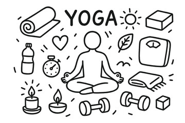 Fototapeta premium Yoga Doodle Icons. Yoga. Hand-drawn doodle illustration yoga mat, lotus pose, candle, sun, cloud, leaf, heart, water bottle, stopwatch, dumbbell, towel, book,