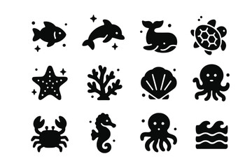 Naklejka premium Ocean Life Icons. Ocean life. Solid icons set of Ocean life: fish, dolphin, whale, turtle, starfish, coral, seashell, jellyfish, crab, seahorse, octopus,