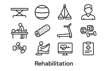 Fototapeta premium Rehabilitation Icon Set. Rehabilitation. Line icon set of Rehabilitation: physiotherapy table, exercise ball, resistance bands, therapist, patient, foam