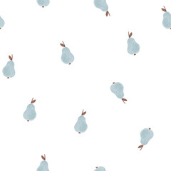 Seamless watercolor pattern with blue pears. Minimalistic hand-painted fruit design perfect for fabric, kids textiles, kitchen decor, wrapping paper, and digital scrapbooking