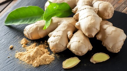 Fresh Ginger Root, powder and Green Leaves on Black Background