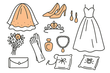 Bridal Accessories Doodle. Bridal accessories. Hand-drawn doodle illustration bridal accessories veil (accented), shoes (accented), tiara (accented), bouquet,