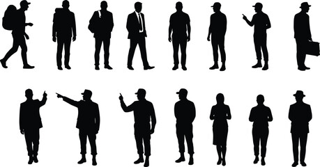 Silhouettes of sixteen people in various outfits, poses, and accessories, black vector design showing diversity in posture, attire, and activity