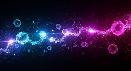 Abstract representation of molecular structures and interconnected networks with glowing particles and nebulous formations