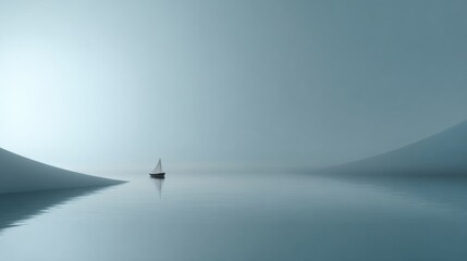 Serene sailboat glides across calm, misty water reflecting soft blue hues, evoking peaceful solitude and vast horizons.
