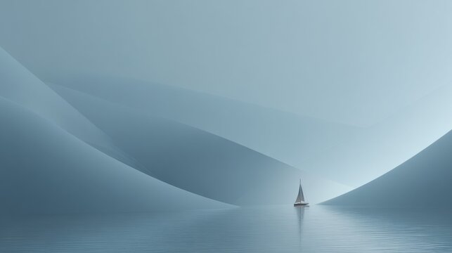 Serene sailboat glides across tranquil water with abstract blue landscape, evoking peace and adventure