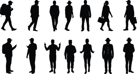 Silhouettes of twelve people in various outfits, poses, and accessories, black vector design showing diversity in posture, lifestyle, and activity