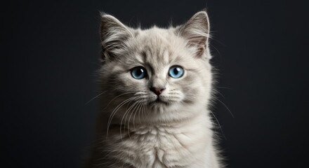 Obraz premium Cute british shorthair kitten with blue eyes looking at the camera on dark background