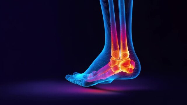 Colorized X-ray of a foot and ankle, highlighting bones and joints with heat-map colors.