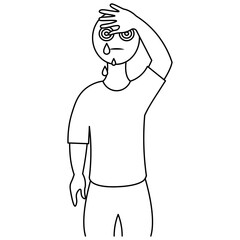 A patient with conjunctivitis and a headache has dark circles under his eyes and tears are dripping. Sketch. Vector illustration. The patient wipes away tears with his hand. Doodle style.