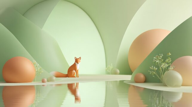 Serene fox rests by tranquil water in a pastel dreamscape, evoking peace and natural wonder for a calming aesthetic.