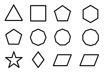 Geometric Icon Set. Polygon set. Line icon set of Polygon set: triangle, square, pentagon, hexagon, heptagon, octagon, nonagon, decagon, star, diamond,