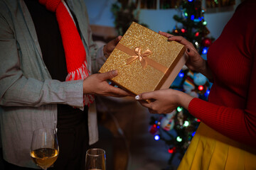 Happy friends celebrating Christmas at home Friends gather at home for a traditional Christmas dinner, young couples enjoying the festive food.