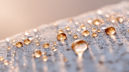 Water droplets on white surface close up of small liquid spheres resting on clean bright background