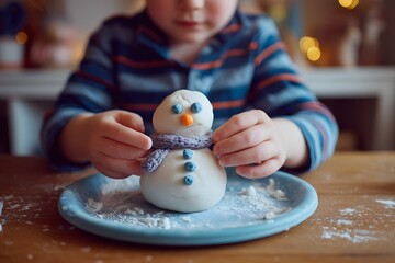 Child is making a snowman out of play dough. The snowman has a blue scarf around its neck