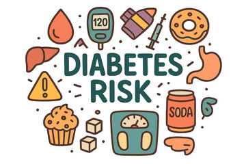 Diabetes Risk Doodle. Diabetes Risk. Hand-drawn doodle illustration of Diabetes Risk. Blood drop, glucose