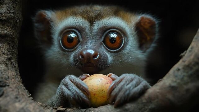 Adorable Dwarf Lemur with Huge Eyes Eating a Piece of Fruit at Night.