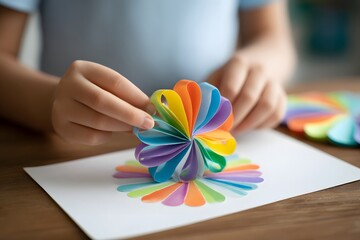 Person is making a paper flower with colorful strips of paper. The flower is made up of many different colors and is quite large. The person is focused on the task