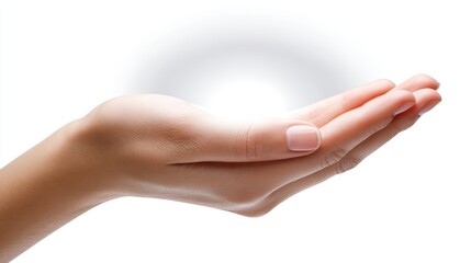 Hand holding white light source hand gently holds white light source illuminating surrounding area with soft glow