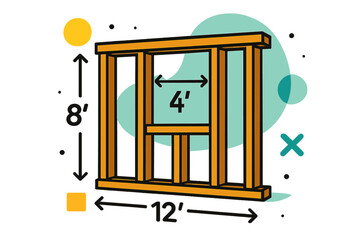 Modern Wall Framing Diagram. Wall Framing Diagram. Minimal house wall with wooden studs shown in clean geometric lines, floating measurement icons around.