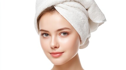 Woman with towel on head female subject with head covered by towel indicating post wash routine