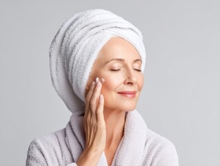 Woman with towel wrapped head portrait of woman her hair wrapped in soft towel suggesting recent shower or hair care routine